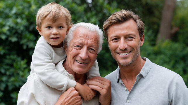 Realistic photo of three generations of men together outdoors, happy grandfather carrying his adult son, who carries his grandson on his shoulders, concept of family bonds, aging w