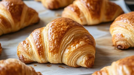 Fototapeta premium Close-up view of golden-brown croissants on a baking sheet.