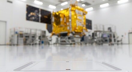 Obraz premium Mockup a large, golden satellite is assembled in a clean room with bright lights and equipment for commercial usage