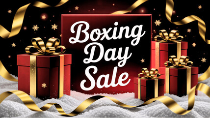 Festive Boxing Day Sale promotional banner with glowing red gift boxes, golden ribbons, snow effect and bold typography on dark background, for holiday marketing visuals