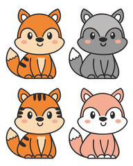 Adorable Animal Character Set featuring Squirrels Foxes and Raccoons in a Simple and Cute Cartoon Style