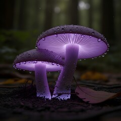 Glowing mushrooms in the dark forest with water droplets and a magical atmosphere