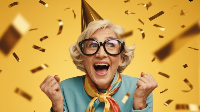 A cheerful elderly woman celebrates joyfully, wearing oversized glasses and a colorful scarf, surrounded by golden confetti on a bright yellow background.