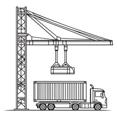 Crane Lifting Shipping Container on Truck silhouette, Car Transporter Silhouette, Black white isolated vector, Crane Lifting Shipping Container on Truck vector illustration on white background See Les