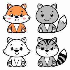 Charming Cartoon Animal Collection Featuring an Orange Fox, a Gray Animal, and Variations in Black and White