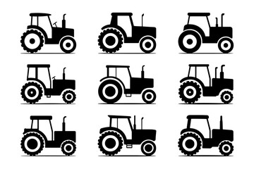 collection of various tractors agriculture farm machinery vehicle silhouette