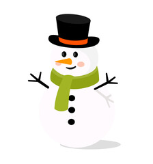 Cute Cartoon Snowman with Green Scarf and Black Hat – Winter Holiday Illustration