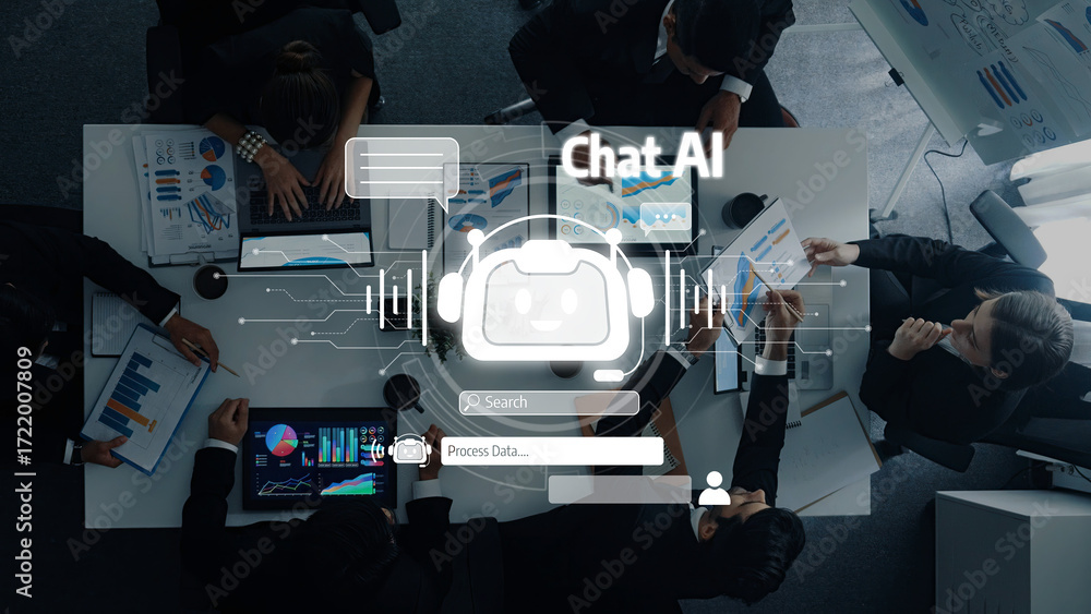 Poster a group of professionals engaged in collaborative discussions around artificial intelligence technol