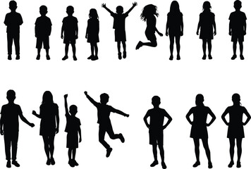 Children silhouette vector, kids in motion, playful poses, jumping, standing, raising hands, black figures, youth activity, diverse postures, isolated icons