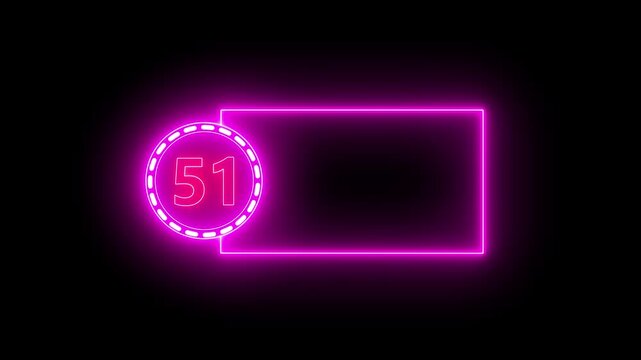 Neon Number 51 In Circle With Rectangular Frame On Black Background.Neon number text animation with alpha channel.Colorful circle Black background 4k video.