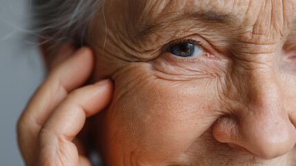 Realistic close-up of old ladyâs face with visible wrinkles and kind expression, hand near her cheek, concept of old age, dignity and human resilience old lady portrait, elderly wo
