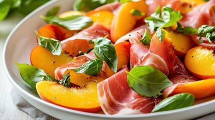 Peach and prosciutto salad with basil.