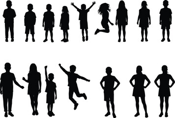 Children silhouette vector, kids in motion, playful poses, jumping, walking, standing, black figures, white background, physical activity, body posture, clipart