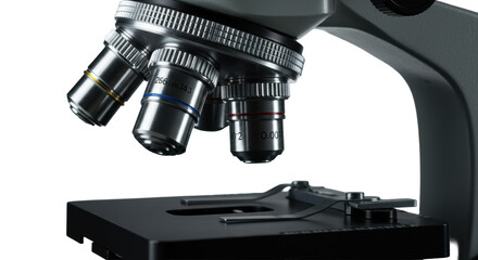 Modern binocular compound microscope, unscrewed objective lens revealing complex glossy internal optics, polished metallic barrel on a transparent background. Scientific precision concept