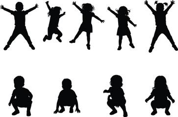 Children silhouette vector, kids jumping, sitting, squatting, playful poses, black outline, isolated figures, child movement, editable illustration, stock art