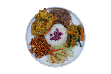 Colorful Mixed Plate With Rice, Curry, Vegetables And Fried Fritters For A Wholesome Meal