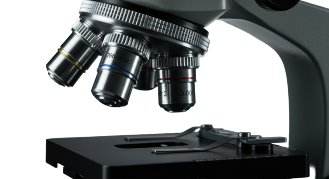Modern binocular compound microscope, unscrewed objective lens revealing complex glossy internal optics, polished metallic barrel on a transparent background. Scientific precision concept