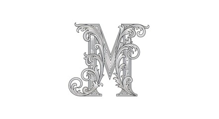 Ornate Engraved Capital Letter M with Intricate Scrollwork and Acanthus Leaf Motifs, Elegant Typography Illustration on White.