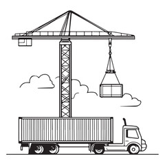 Crane Lifting Shipping Container on Truck silhouette, Car Transporter Silhouette, Black white isolated vector, Crane Lifting Shipping Container on Truck vector illustration on white background See Les