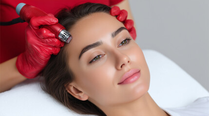 Fototapeta premium Relaxed woman lying in beauty salon during microneedling session, cosmetologist in red protective gloves holding modern device, focus on skin care, anti-aging, and professional aes