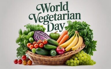 World Vegetarian Day poster features vegetables on rustic white wood backdrop.