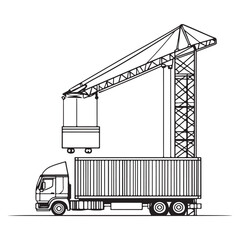 Crane Lifting Shipping Container on Truck silhouette, Car Transporter Silhouette, Black white isolated vector, Crane Lifting Shipping Container on Truck vector illustration on white background See Les