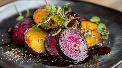 Roasted beetroot slices with herbs and glaze.