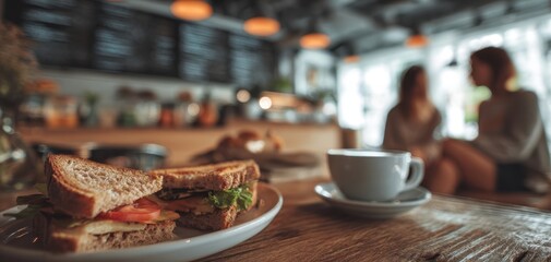 The Sandwich on Wooden Table in Cozy Café With Coffee and Conversation