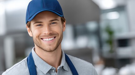 A smiling worker in a blue apron showcases teamwork in fish processing at a busy factory
