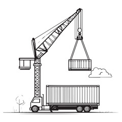 Crane Lifting Shipping Container on Truck silhouette, Car Transporter Silhouette, Black white isolated vector, Crane Lifting Shipping Container on Truck vector illustration on white background See Les