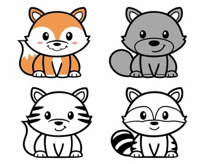 Four Cute Cartoon Animals A Fox Raccoon Tiger and Bear Line Art with Playful Details and Vibrant Colors