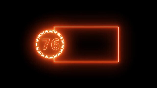 Neon Number 76 In Circle With Rectangular Frame On Black Background.Neon number text animation with alpha channel.Colorful circle Black background 4k video.