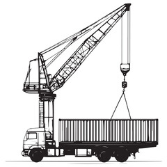 Crane Lifting Shipping Container on Truck silhouette, Car Transporter Silhouette, Black white isolated vector, Crane Lifting Shipping Container on Truck vector illustration on white background See Les