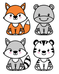 Adorable Cartoon Animal Characters A Fox Bear Raccoon and Tiger All Displayed with Kawaii Style and Bold Outlines
