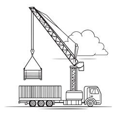 Crane Lifting Shipping Container on Truck silhouette, Car Transporter Silhouette, Black white isolated vector, Crane Lifting Shipping Container on Truck vector illustration on white background See Les
