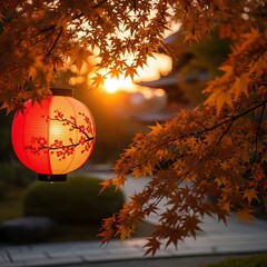 Japanese lantern at sunset with maple leaves and a pagoda in the background scene