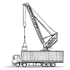 Crane Lifting Shipping Container on Truck silhouette, Car Transporter Silhouette, Black white isolated vector, Crane Lifting Shipping Container on Truck vector illustration on white background See Les