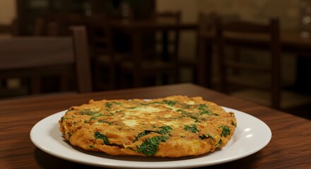 Close up of a large omelet with green herbs on a white plate sitting on a wooden table surface
