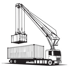 Crane Lifting Shipping Container on Truck silhouette, Car Transporter Silhouette, Black white isolated vector, Crane Lifting Shipping Container on Truck vector illustration on white background See Les