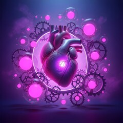 Mechanical heart with gears and glowing orbs in a surreal and futuristic arrangement