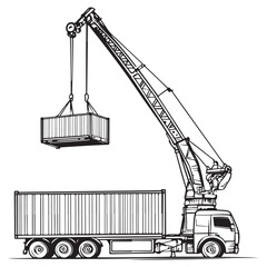 Crane Lifting Shipping Container on Truck silhouette, Car Transporter Silhouette, Black white isolated vector, Crane Lifting Shipping Container on Truck vector illustration on white background See Les