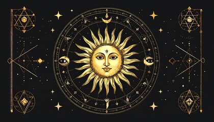 Golden sun with mystical symbols