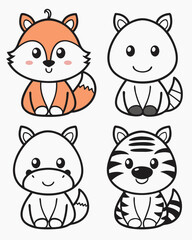 Adorable Cartoon Animal Collection Featuring a Fox, Polar Bear, Hippo, and Tiger in a Playful and Whimsical Style