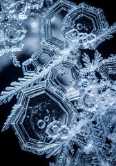 Macro photograph of several ice crystals with a dark background in a close up view