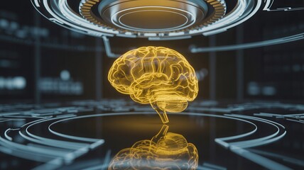 Futuristic golden brain glowing with intelligence and innovation, symbolizing breakthrough science and next-generation artificial intelligence research