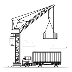 Crane Lifting Shipping Container on Truck silhouette, Car Transporter Silhouette, Black white isolated vector, Crane Lifting Shipping Container on Truck vector illustration on white background See Les