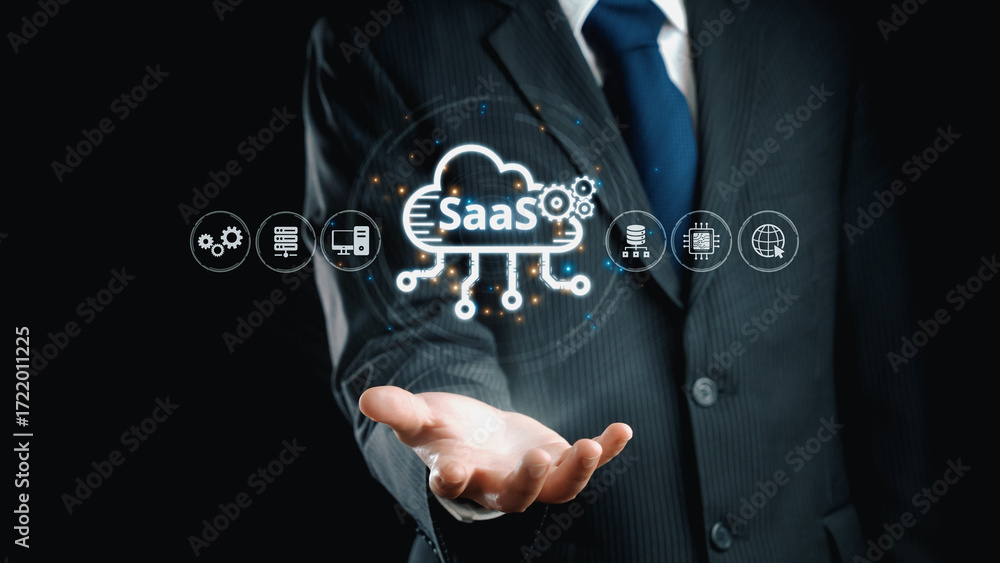 Aufkleber visual representation of saas showing infrastructure, saas deployment, saas platform features, and s
