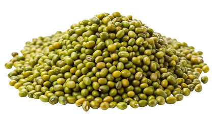 A large pile of small green mung beans forming a mound isolated on transparent background