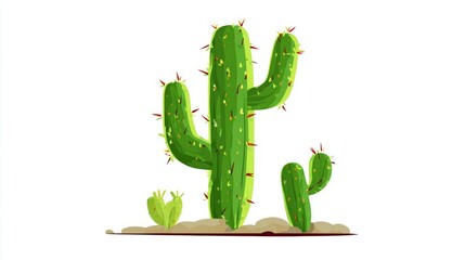 Naklejka premium A vibrant illustration of a tall saguaro cactus with a smaller cactus and a desert plant in sandy soil.
