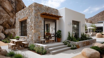Fototapeta premium Stunning architectural design features white stucco walls, arched windows, and tropical plants, inviting a serene atmosphere